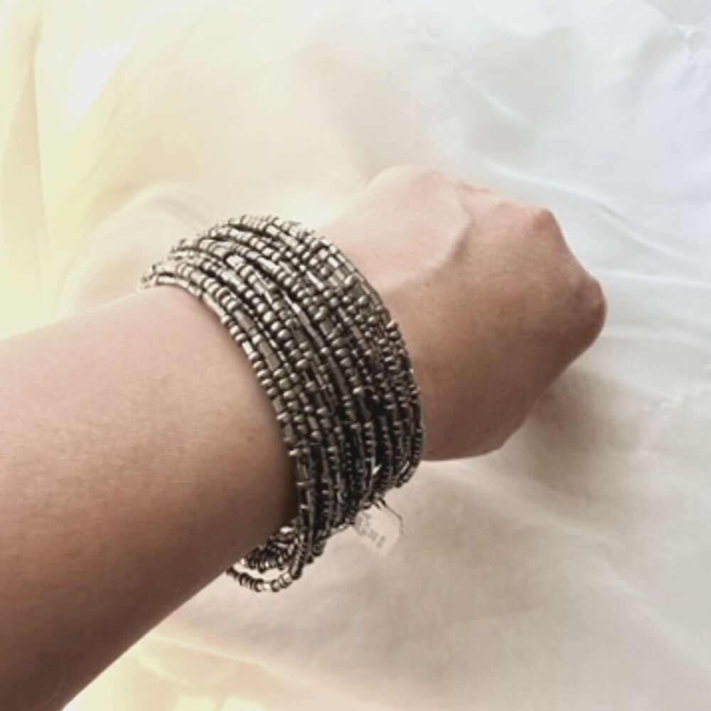 Vintage Oxidized Silver Tone Multi Strand Beaded Cuff Bracelet Boho Jewelry